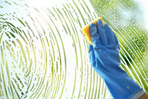 Carpet cleaning technician prepared with safety equipment in a home setting